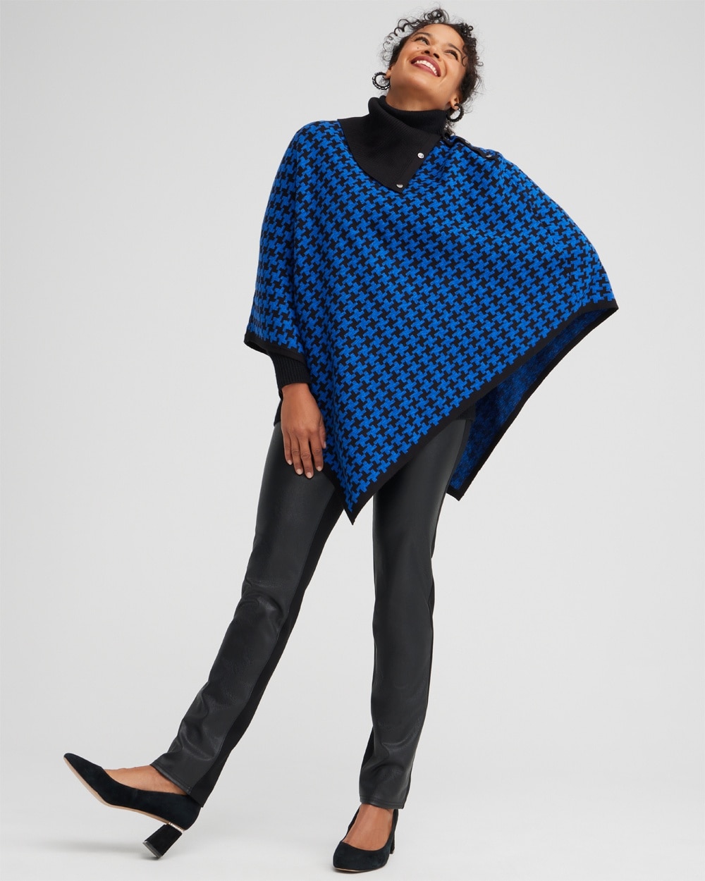 Chico's Scarves | Houndstooth Knit Poncho Cosmic Cobalt