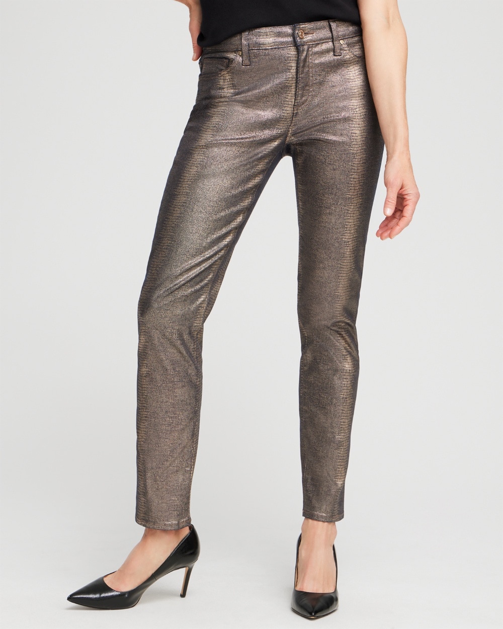 Chico's Jeans & Denim | Girlfriend Coated Ankle Jeans Gold Navy Croc Foil