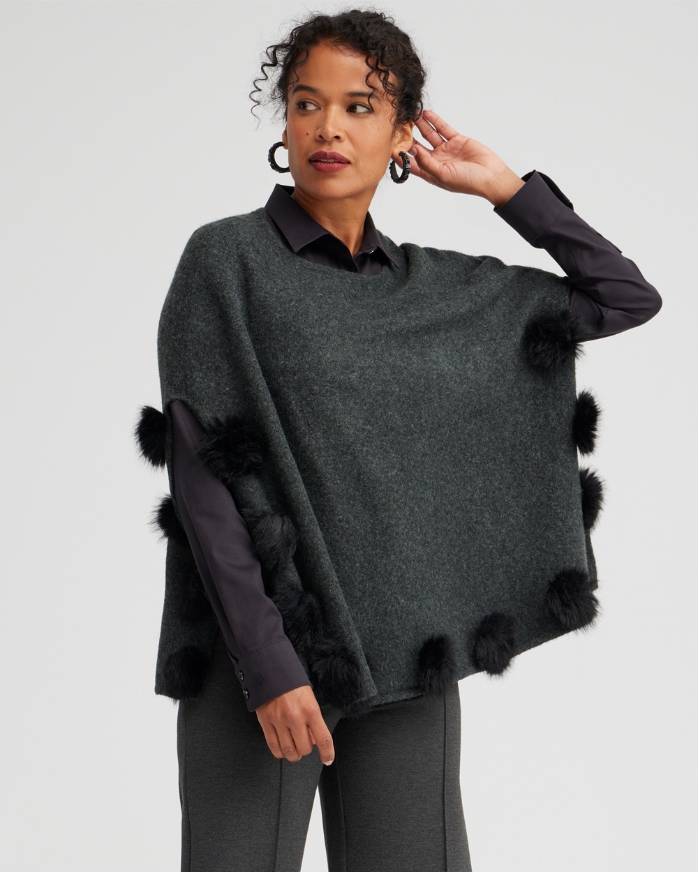 Chico's Best Sellers | Gray Pom Pom Poncho Graphite Heather Gray