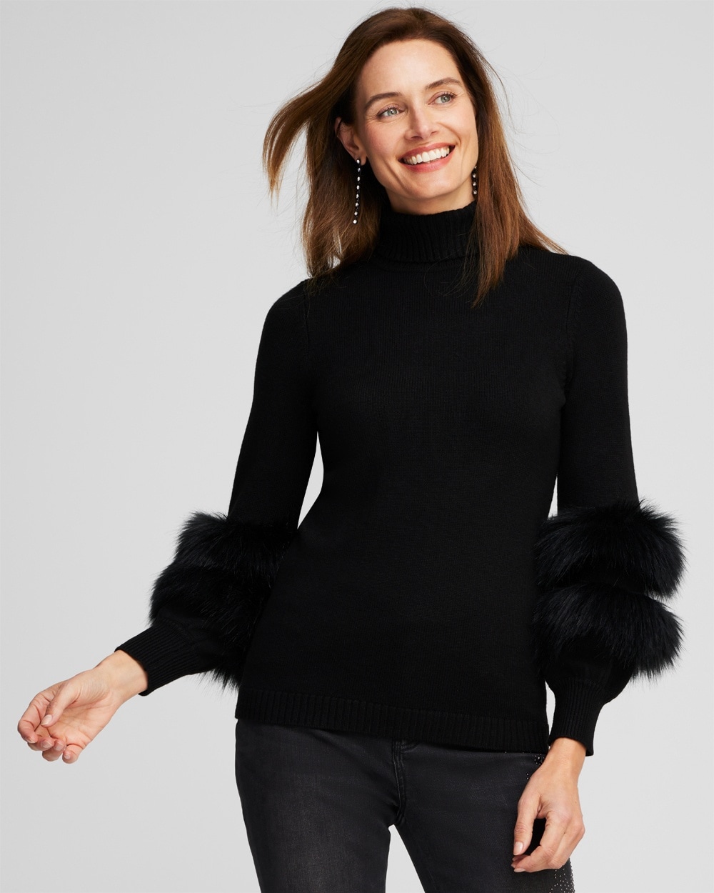 Chico's Online Exclusives | Faux Fur-Trimmed Turtleneck Sweater Black