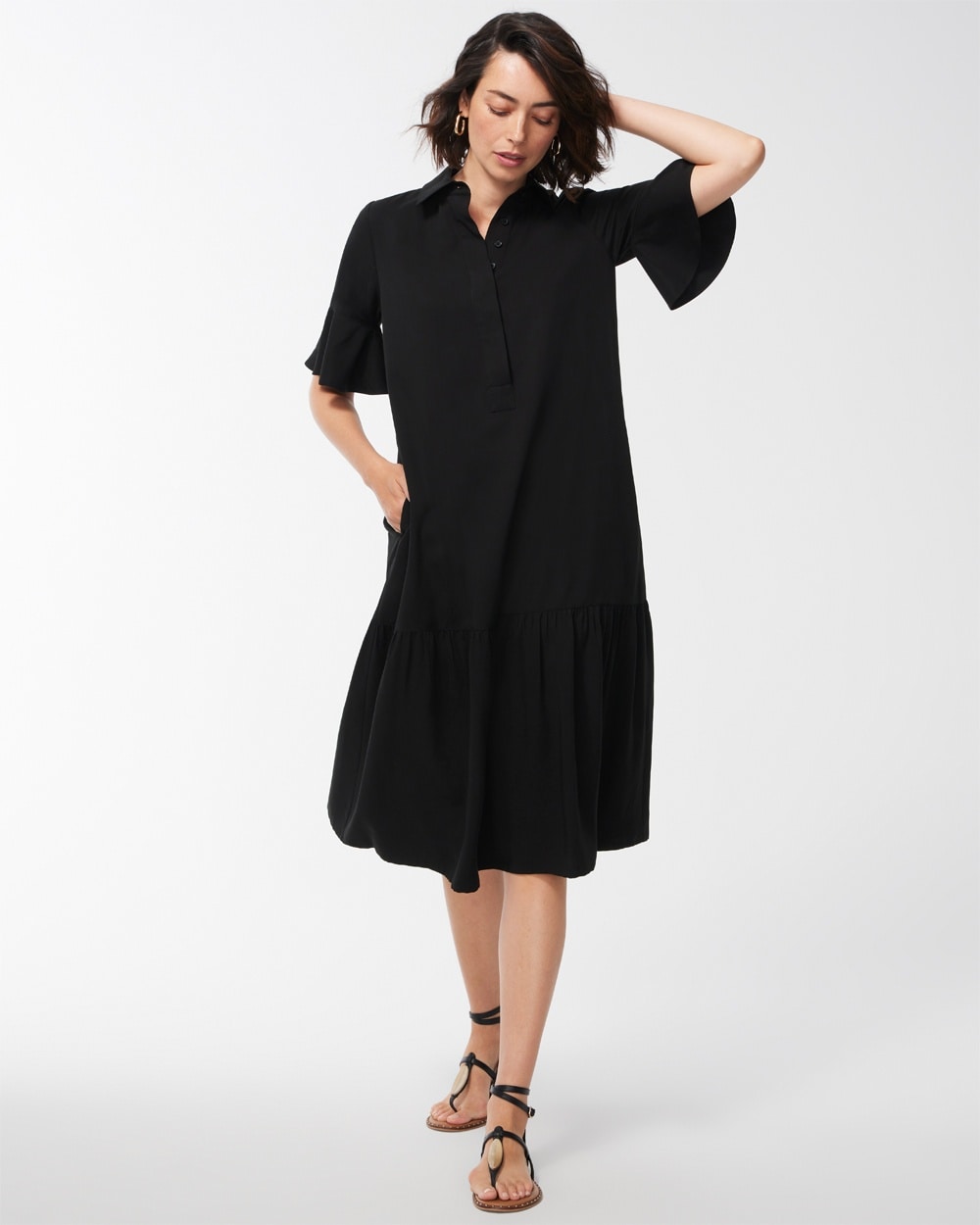 Chico's Dresses & Skirts | Flounce Sleeve Midi Dress Black