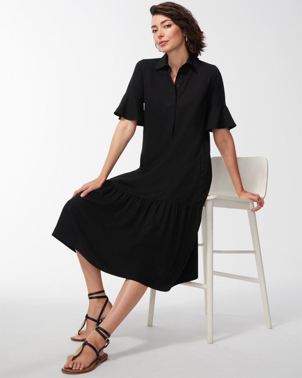 Chico's Dresses & Skirts | Flounce Sleeve Midi Dress Black