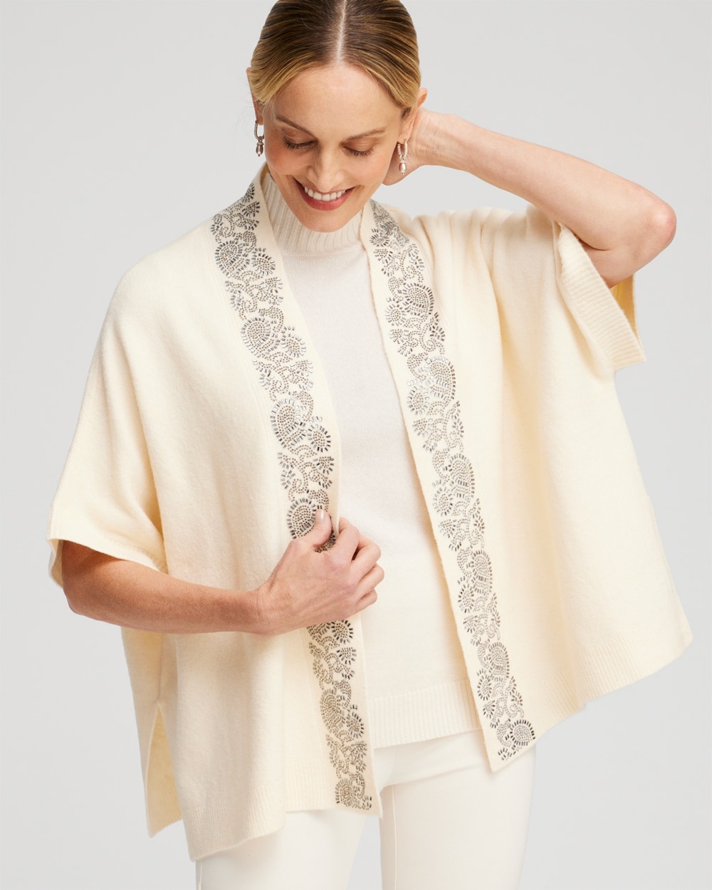 Chico's Scarves | Embellished Placket Sweater Ruana English Cream