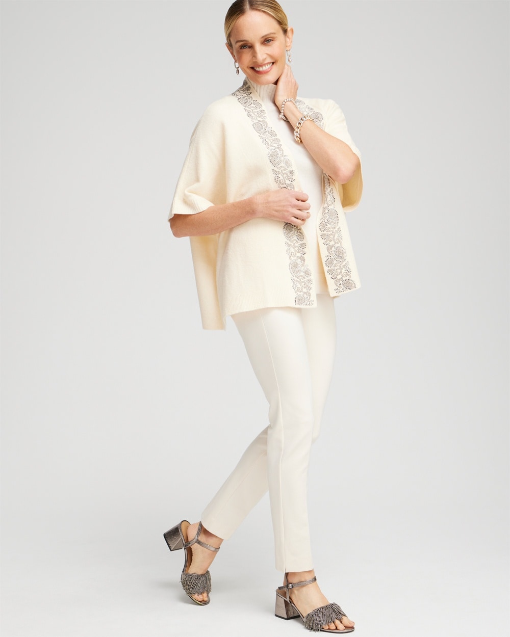 Chico's Scarves | Embellished Placket Sweater Ruana English Cream