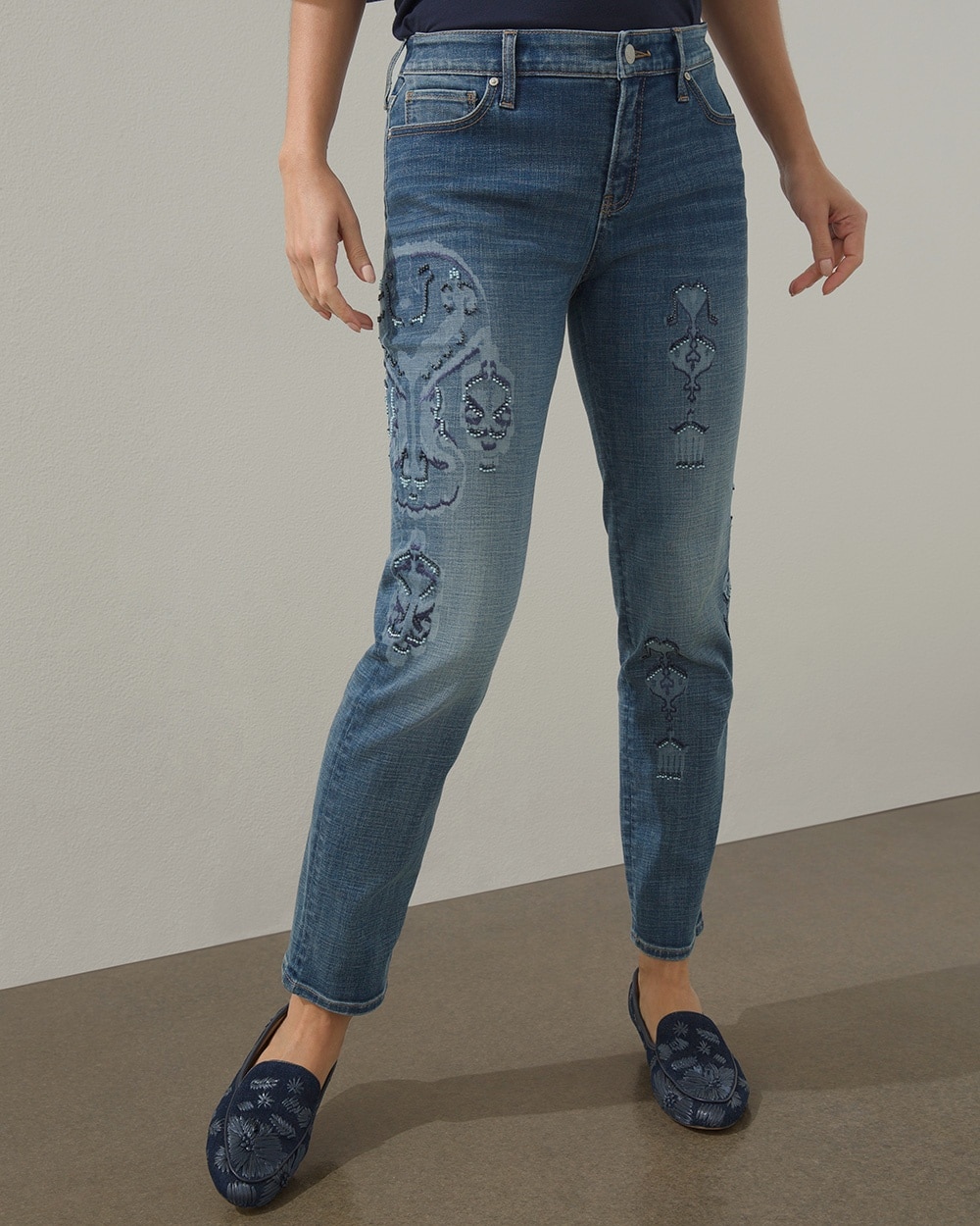 Chico's Jeans & Denim | Girlfriend Laser Ikat Ankle Jeans Mist Flower Indigo