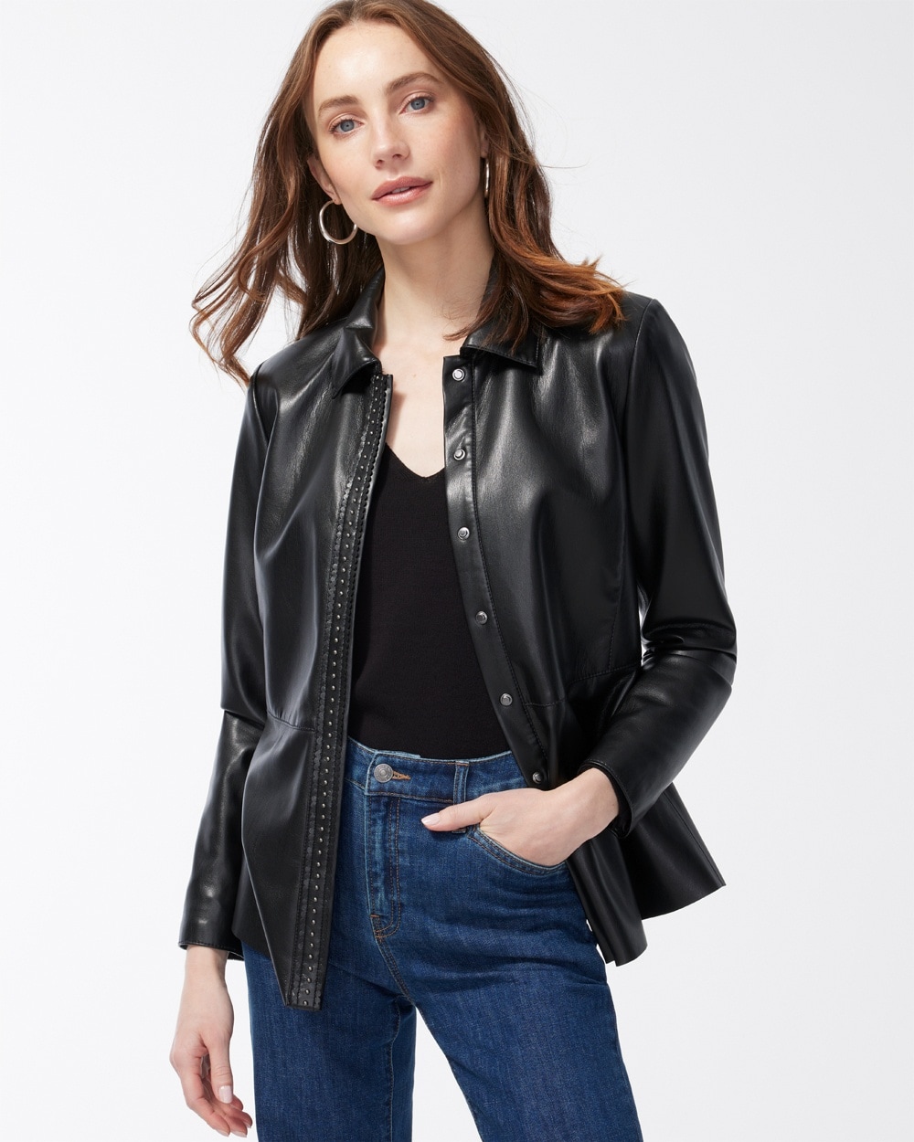 Chico's Jackets & Coats | Riveted Faux Leather Peplum Jacket Black