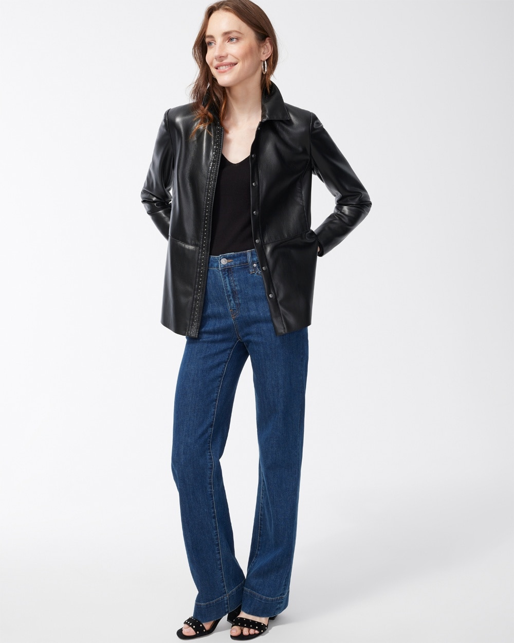 Chico's Jackets & Coats | Riveted Faux Leather Peplum Jacket Black