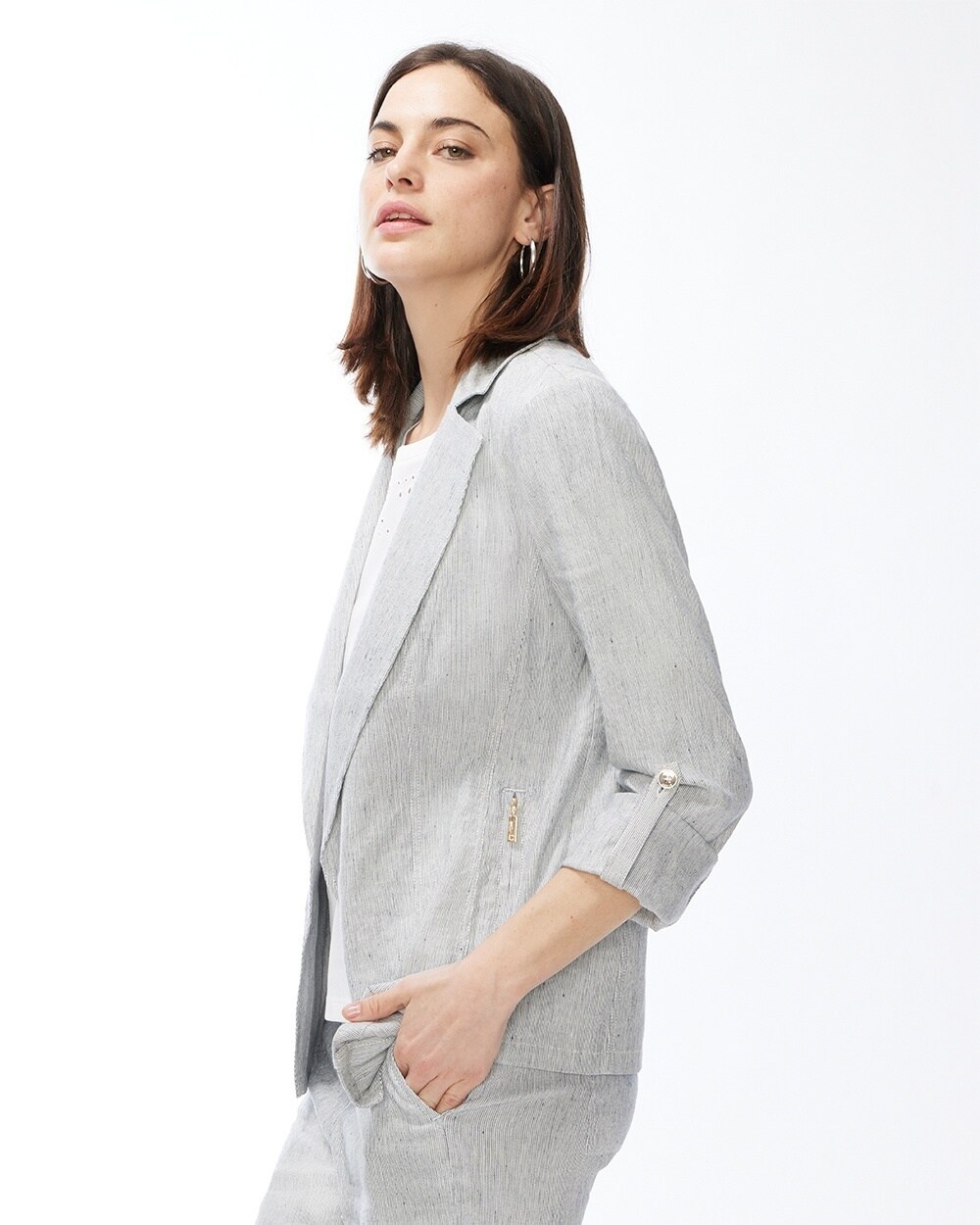 Chico's Jackets & Coats | Linen-Blend Striped Blazer Black