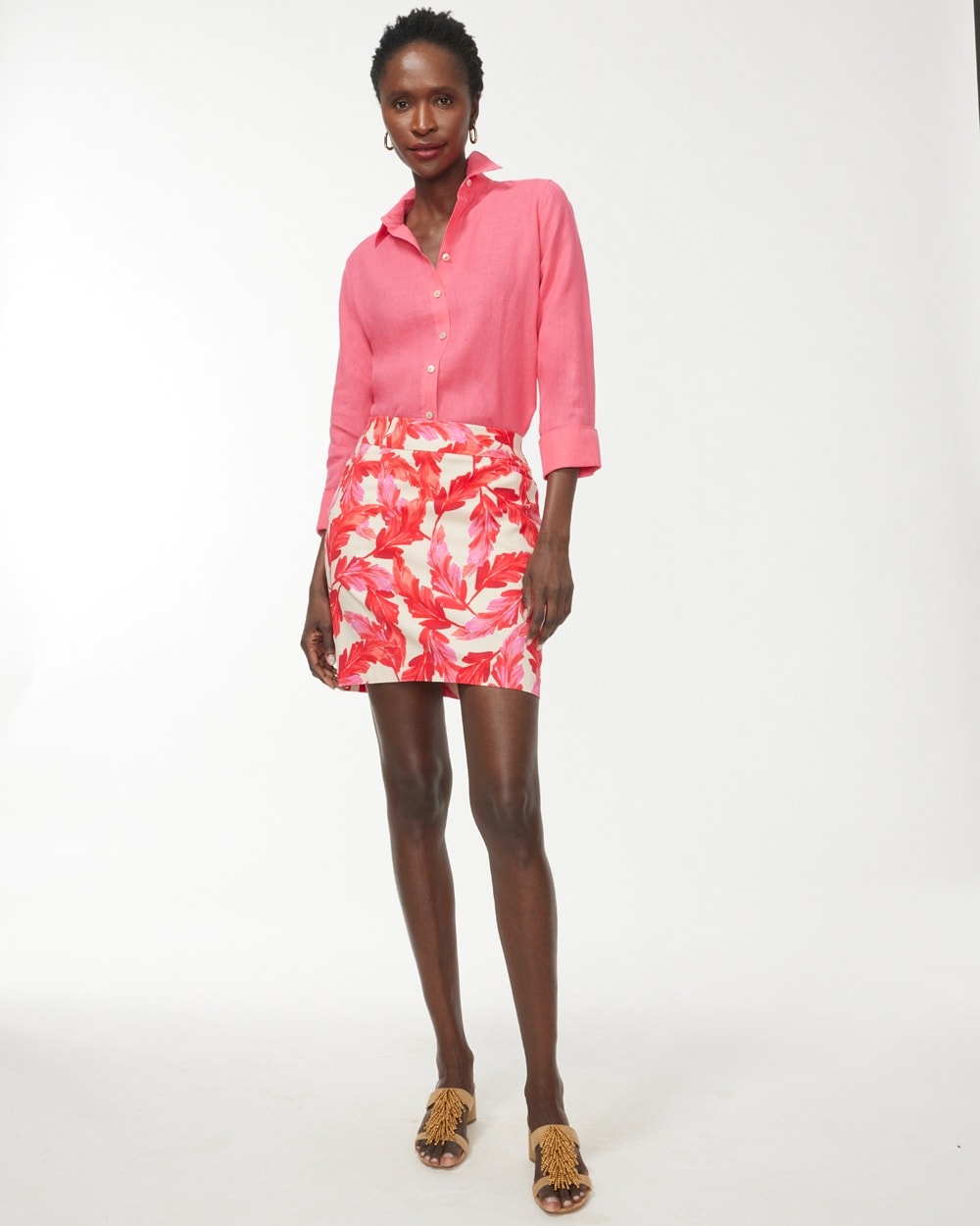 Chico's Dresses & Skirts | Brigitte Pull-On Feather Print Skort Flame Scarlet/Natural Tan