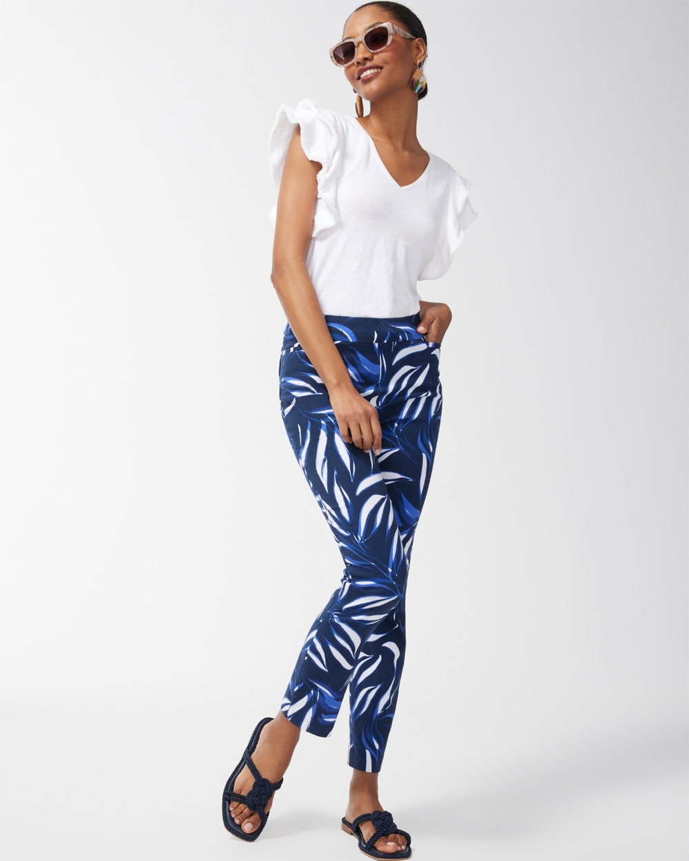 Chico's Pants | Brigitte Foliage Print Ankle Pants Classic Navy/White