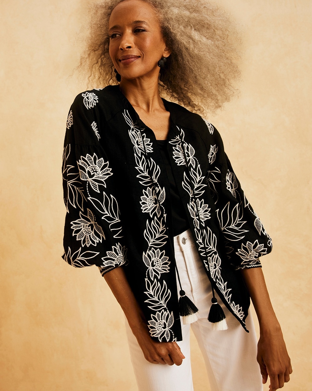 Chico's Jackets & Coats | Linen Embroidered Blouse Jacket Black