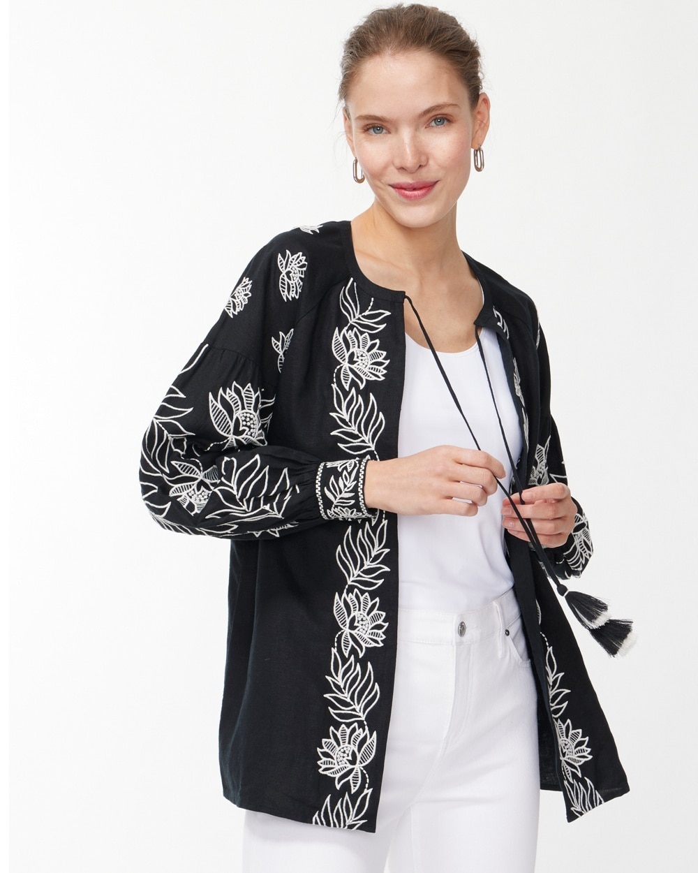 Chico's Jackets & Coats | Linen Embroidered Blouse Jacket Black