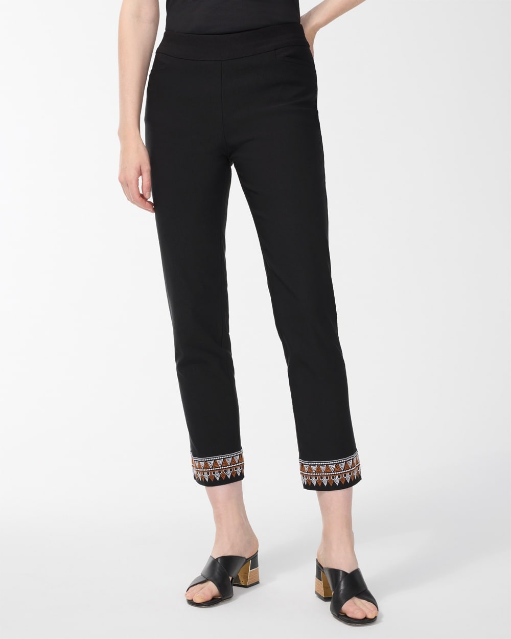 Chico's Pants | Brigitte Embroidered Hem Ankle Pants Black/White/Brown