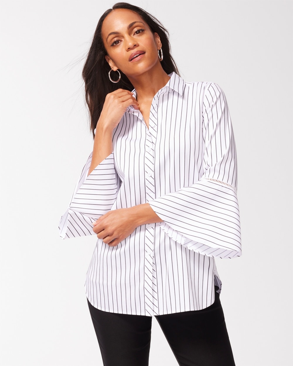 Chico's | No Iron Stretch Stripe Flare Sleeve Tunic Optic White/Black