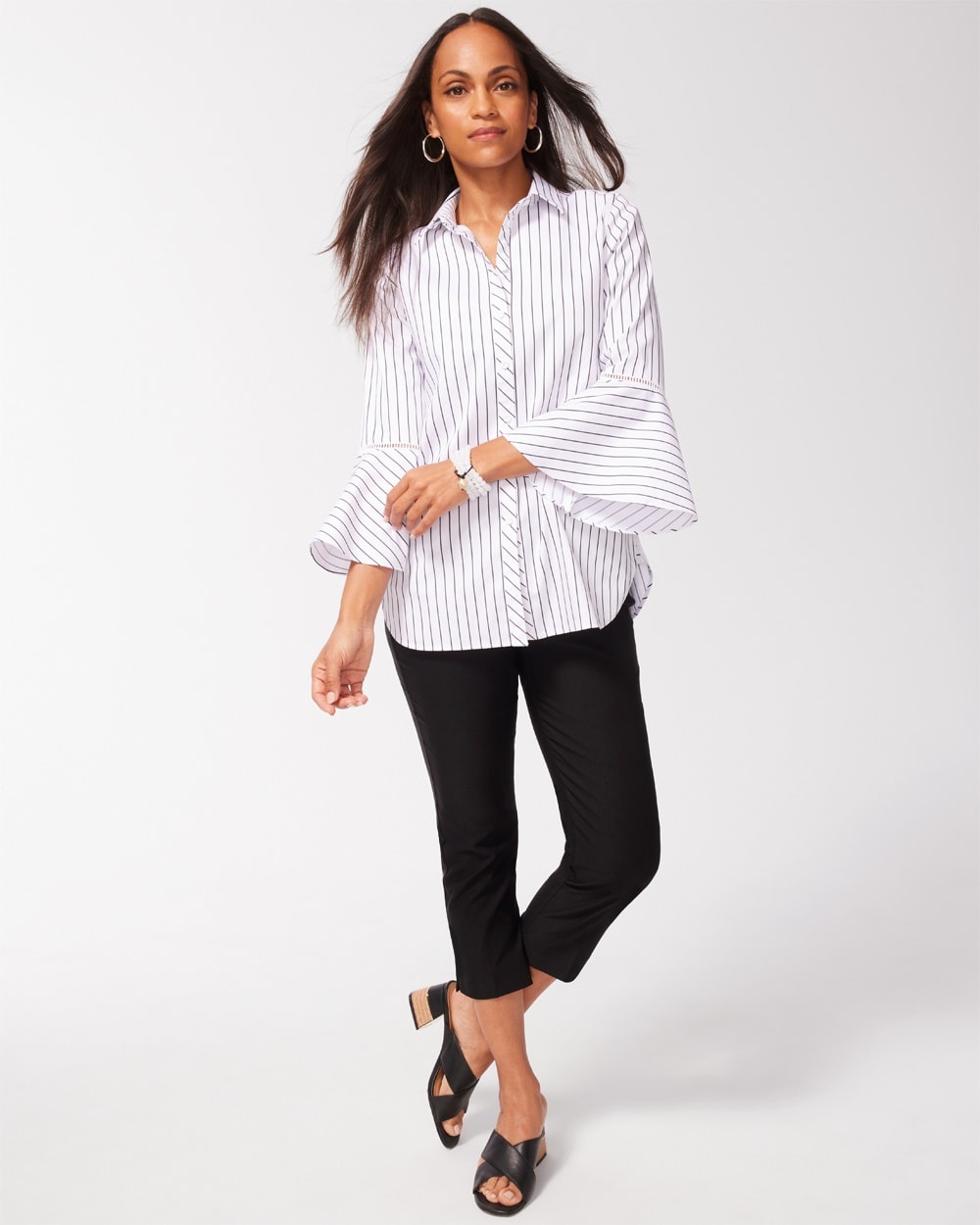 Chico's | No Iron Stretch Stripe Flare Sleeve Tunic Optic White/Black