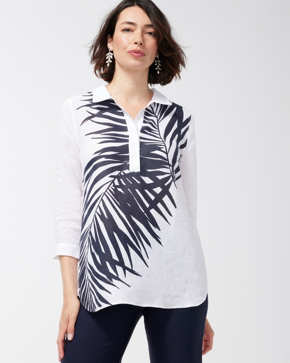 Chico's | No Iron Linen Palms Button Back Tunic Classic Navy