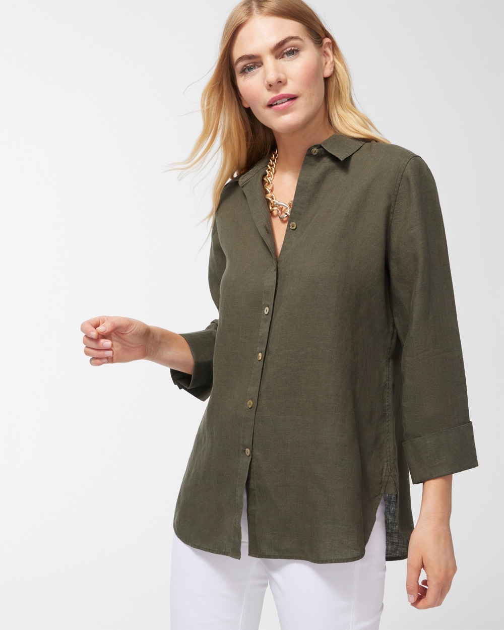 Chico's | No Iron Linen 3/4 Sleeve Shirt Jungle Floor