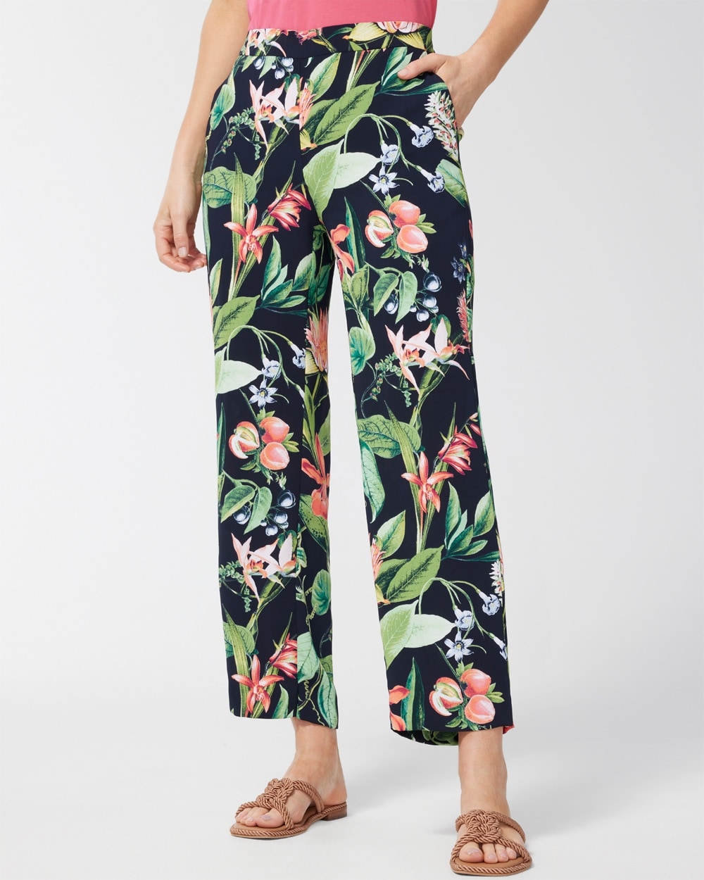 Chico's Pants | Floral Print Wide Leg Soft Crops Classic Navy/White