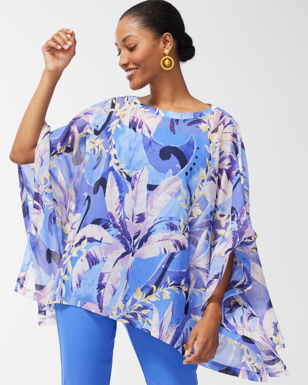 Chico's Scarves | Cool Floral Print Poncho Amparo Blue