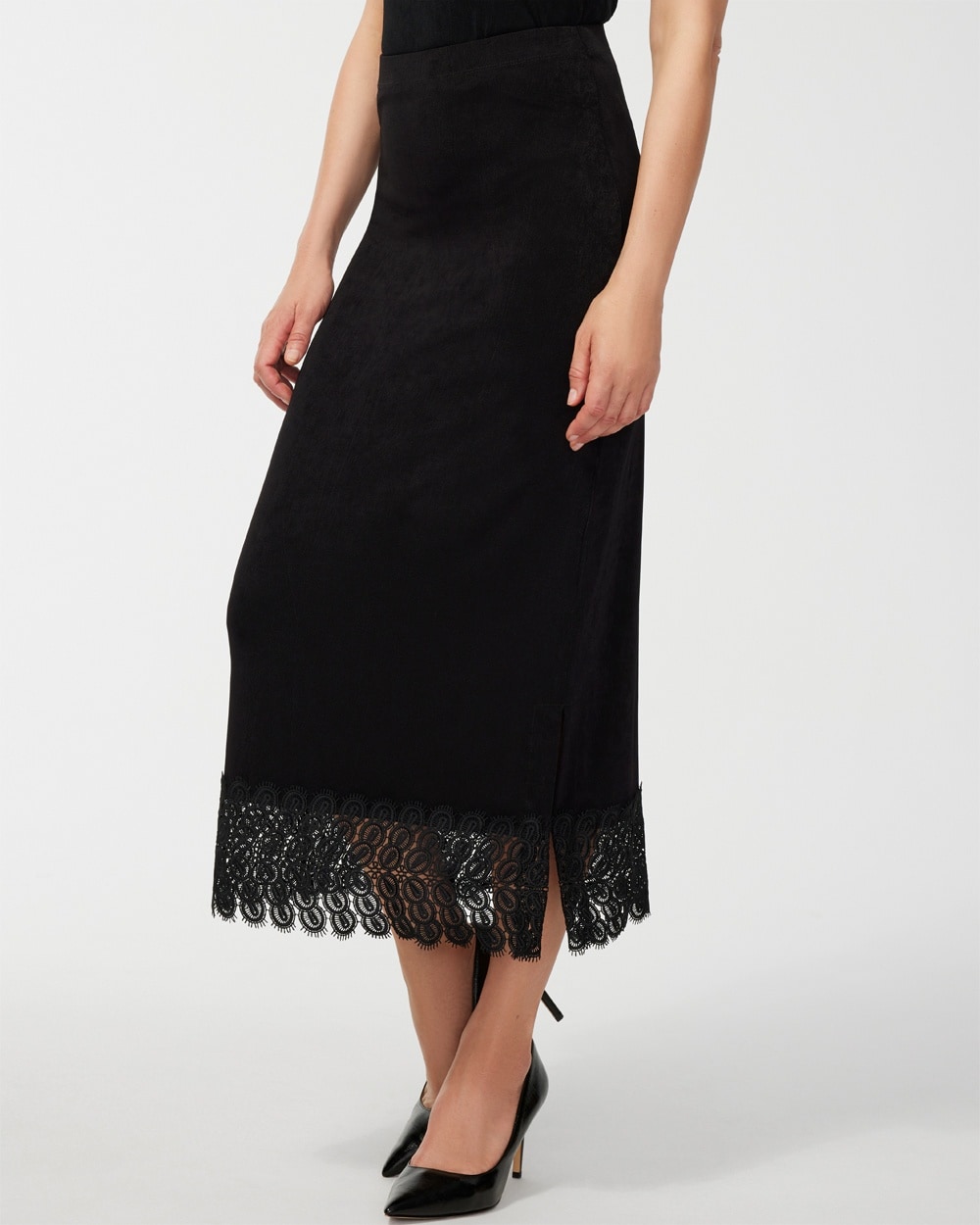 Chico's Dresses & Skirts | Travelers Lace Hem Midi Skirt Travelers Black