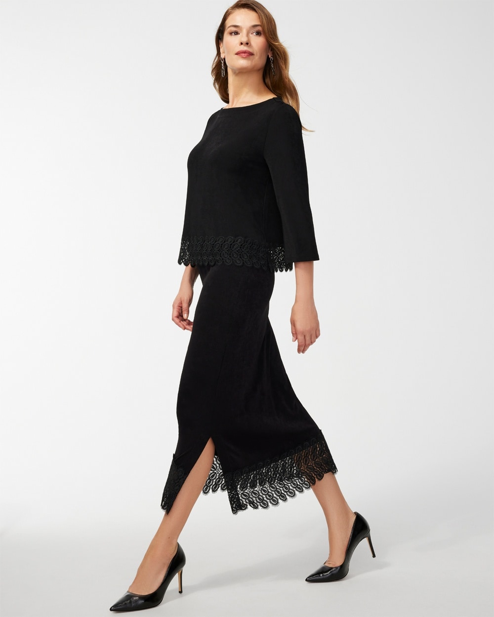 Chico's Dresses & Skirts | Travelers Lace Hem Midi Skirt Travelers Black