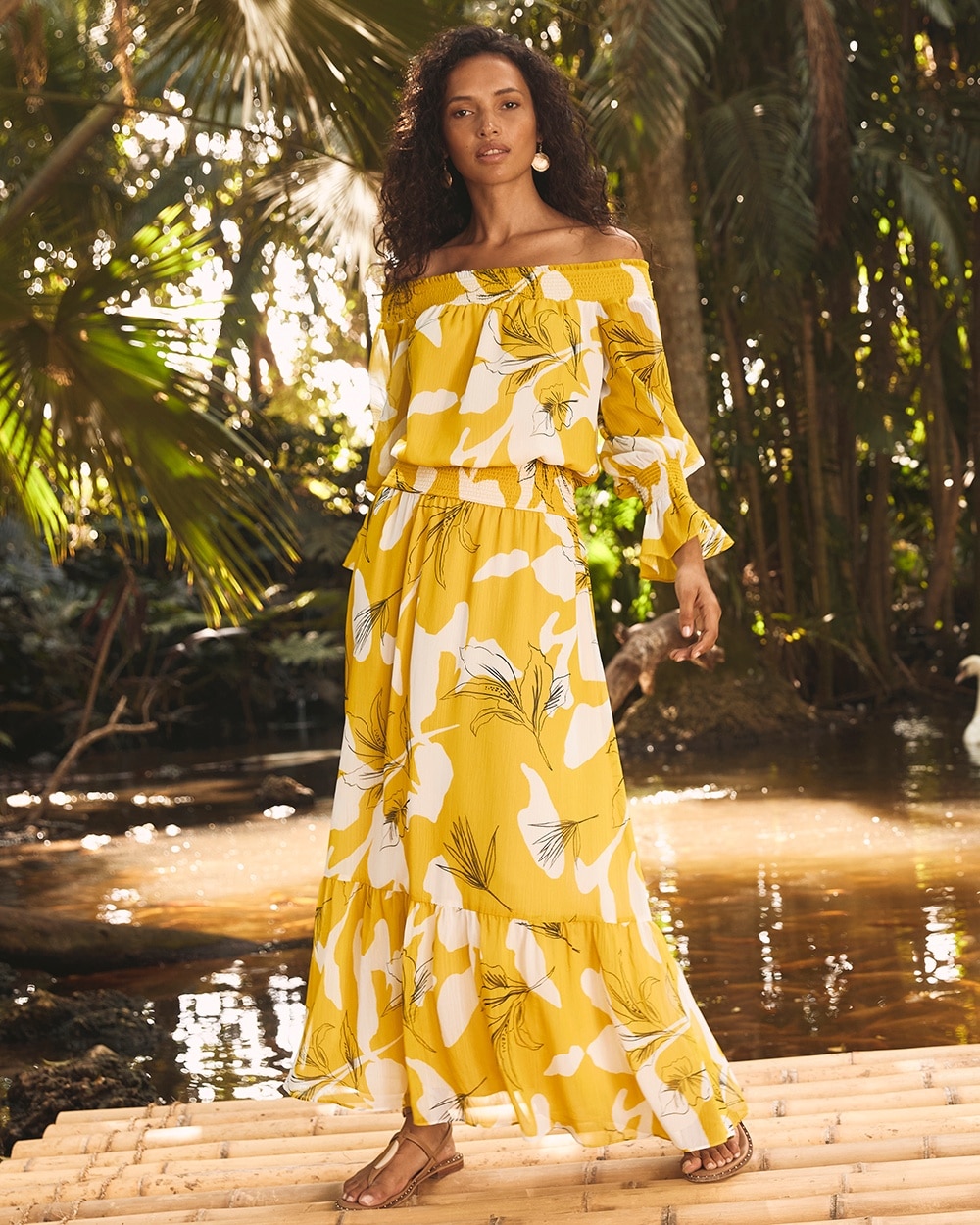 Chico's Dresses & Skirts | Chiffon Off Shoulder Yellow Maxi Dress Pineapple