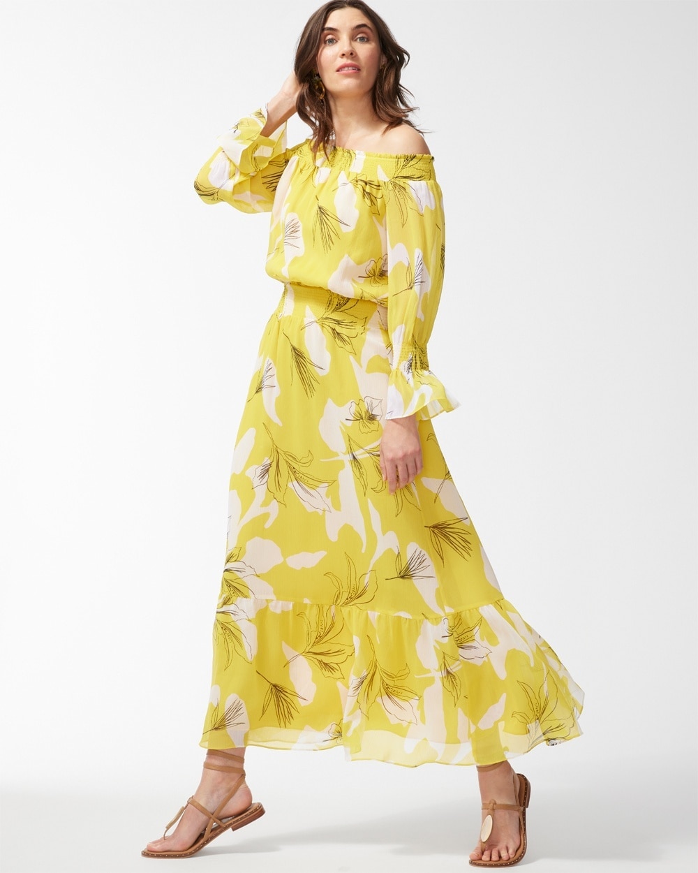 Chico's Dresses & Skirts | Chiffon Off Shoulder Yellow Maxi Dress Pineapple