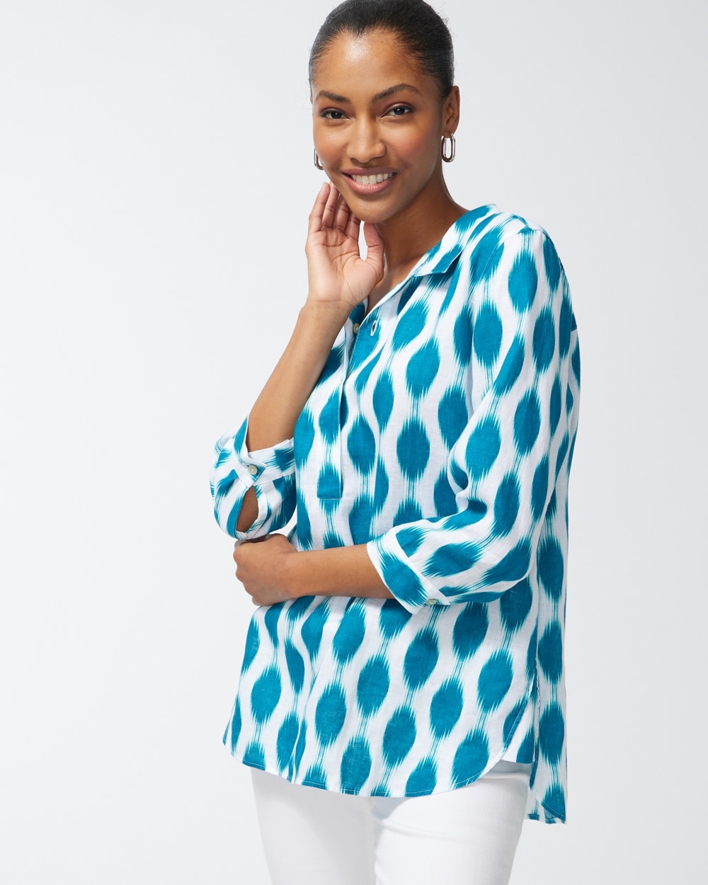 Chico's | No Iron Linen Dots Button Back Tunic Lakeview Blue