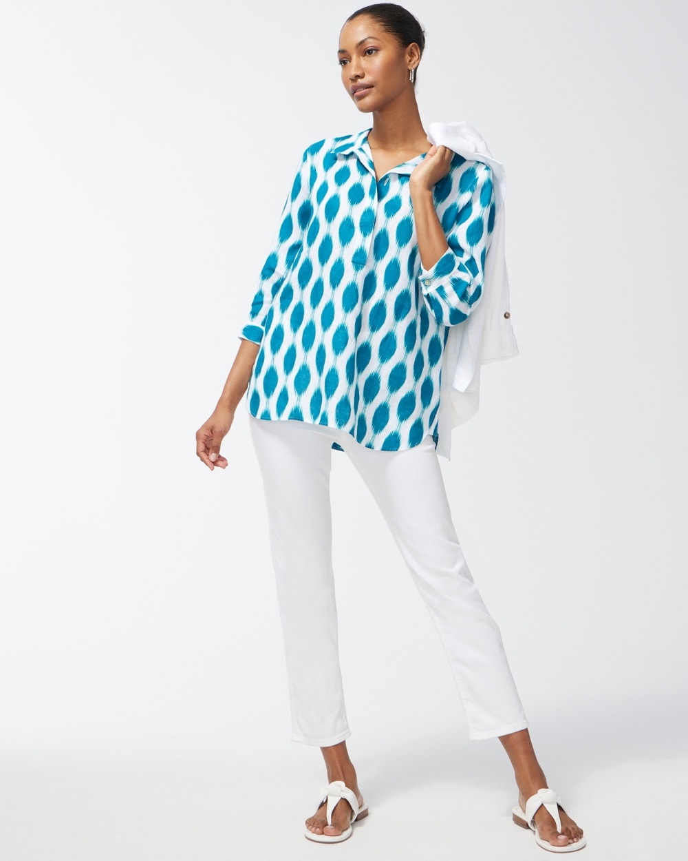 Chico's | No Iron Linen Dots Button Back Tunic Lakeview Blue