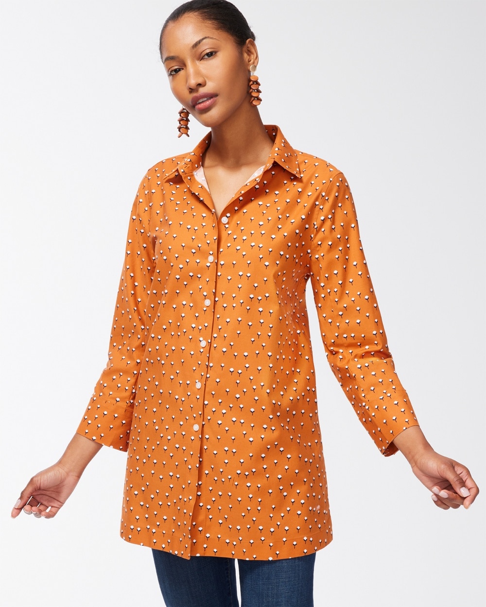 Chico's | No Iron Stretch Floral 3/4 Sleeve Tunic Burnished Clay