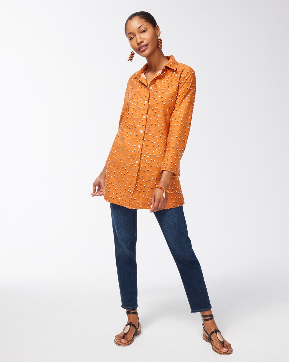 Chico's | No Iron Stretch Floral 3/4 Sleeve Tunic Burnished Clay