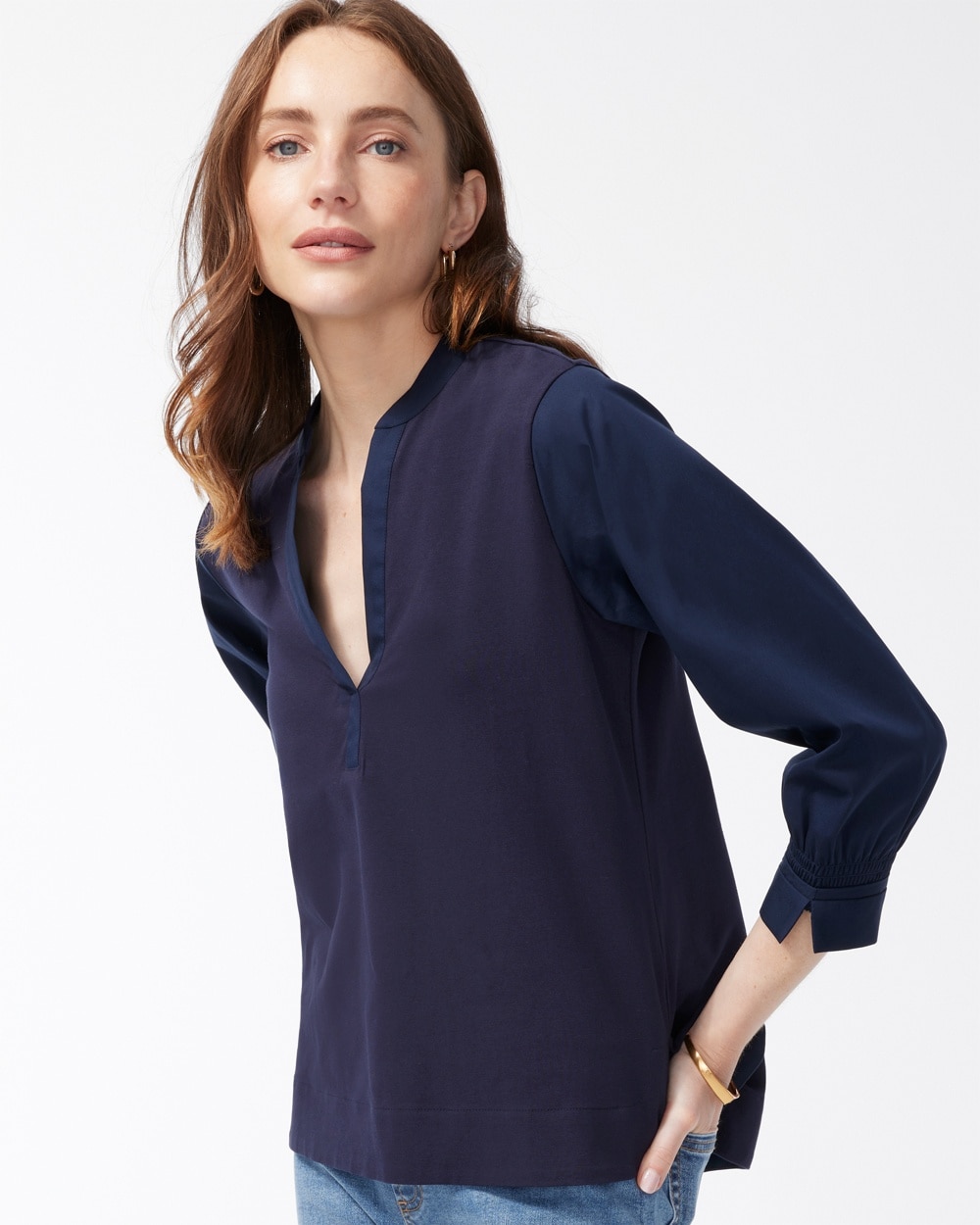 Chico's Best Sellers | Knit Woven Henley Top Classic Navy