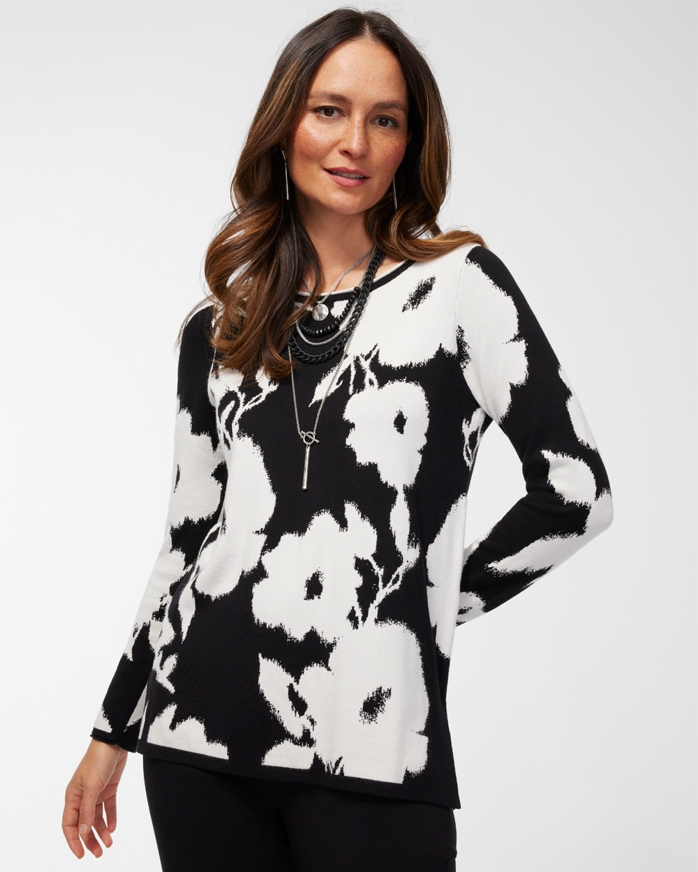 Chico's Online Exclusives | and White Floral Pullover Sweater Black