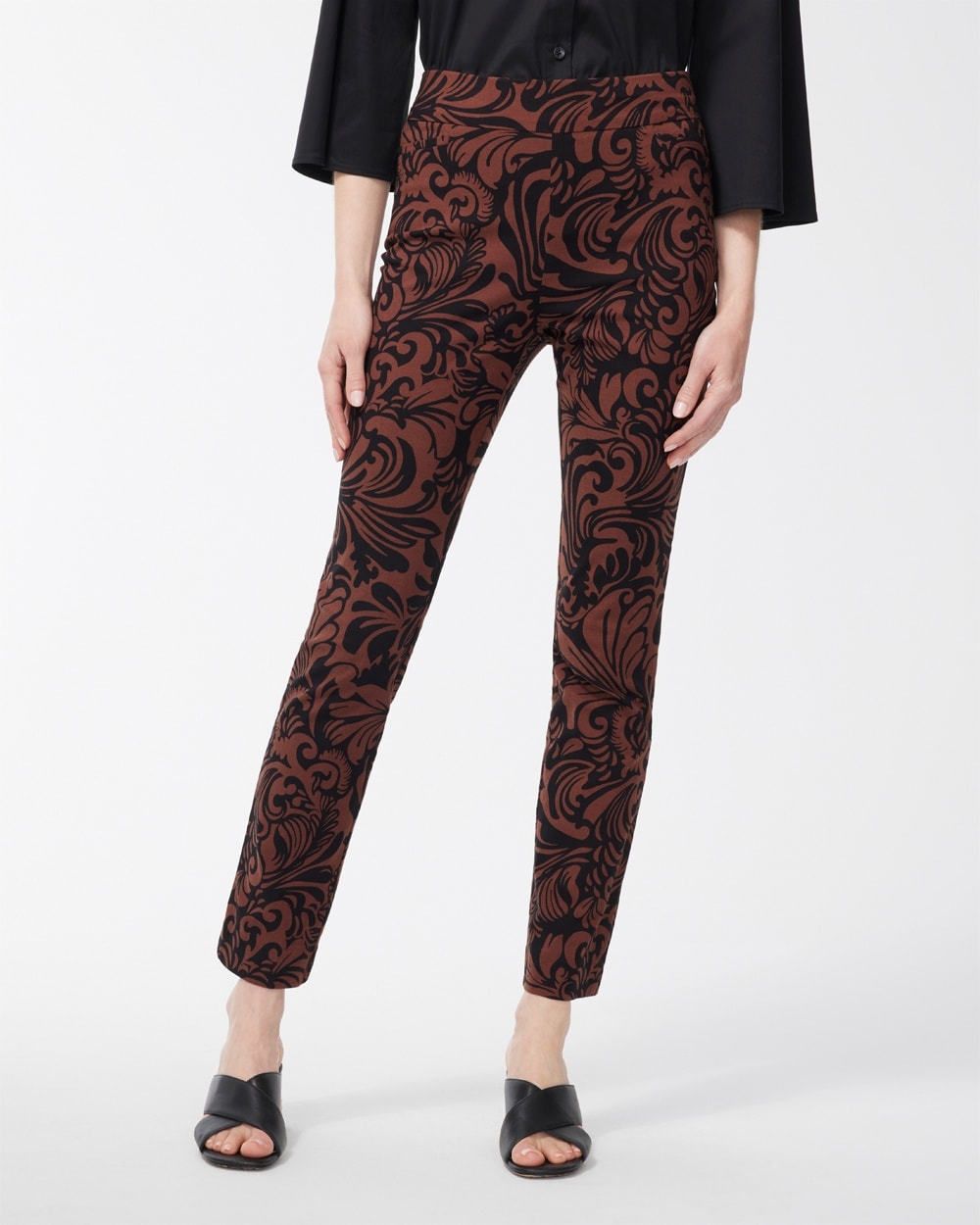 Chico's Pants | Brigitte Scroll Print Ankle Pants Black/Chocolate Fondant