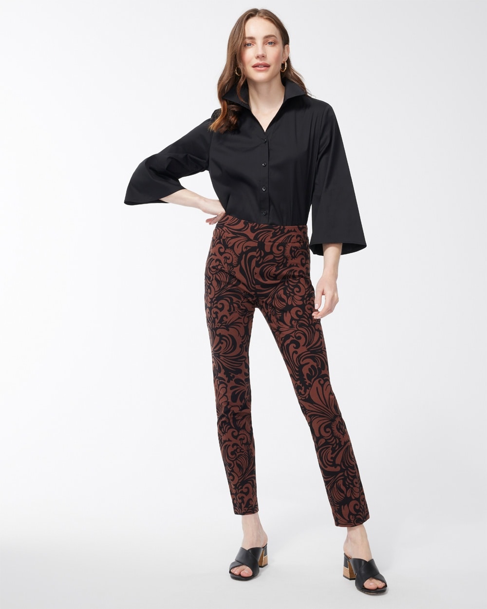 Chico's Pants | Brigitte Scroll Print Ankle Pants Black/Chocolate Fondant