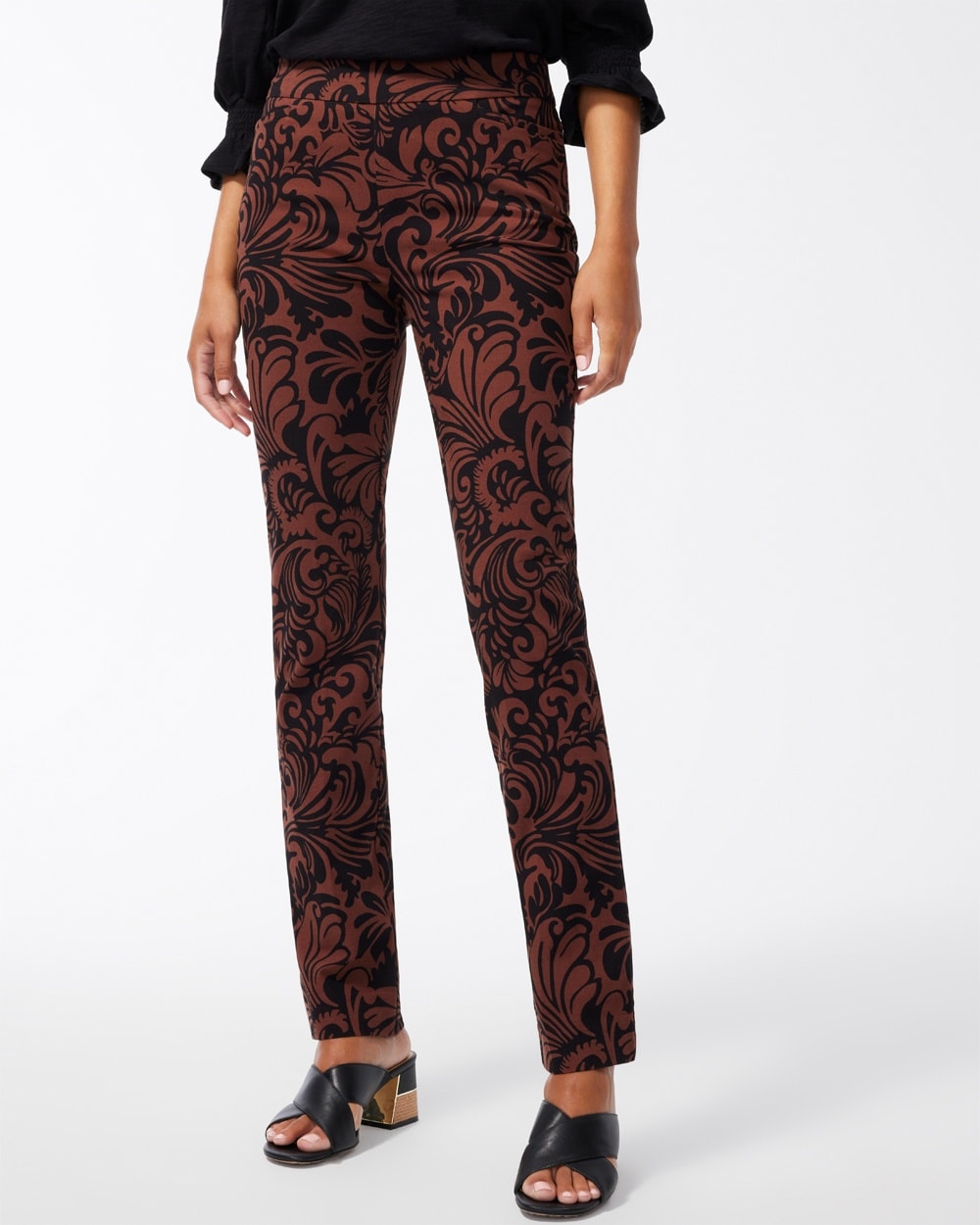 Chico's Pants | Brigitte Scroll Print Pants Black/Chocolate Fondant