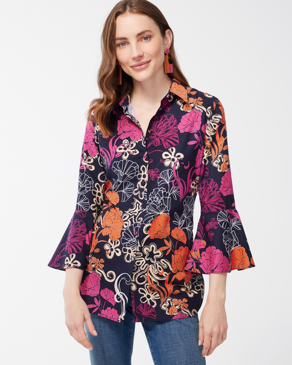 Chico's | No Iron Stretch Floral Flare Sleeve Tunic Classic Navy