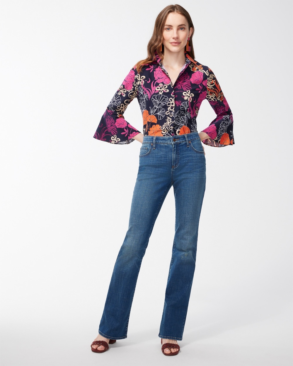 Chico's | No Iron Stretch Floral Flare Sleeve Tunic Classic Navy