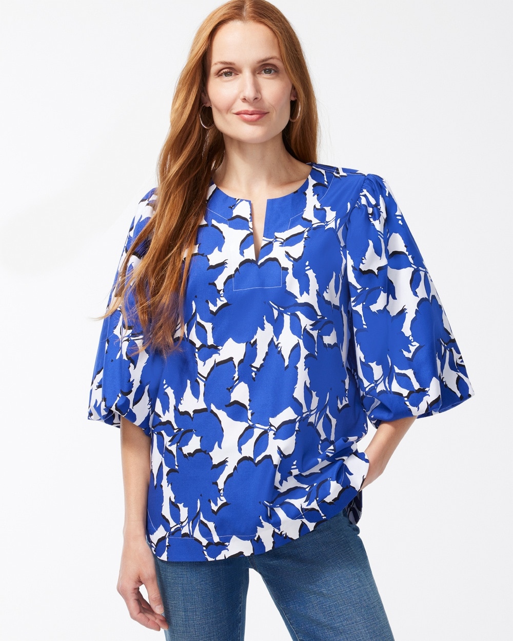 Chico's | No Iron Stretch Floral Pullover Top Blue Grotto