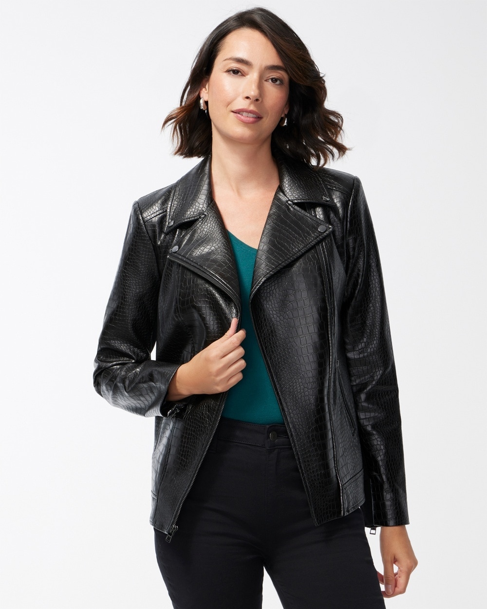 Chico's Jackets & Coats | Faux Crocodile Moto Jacket Black