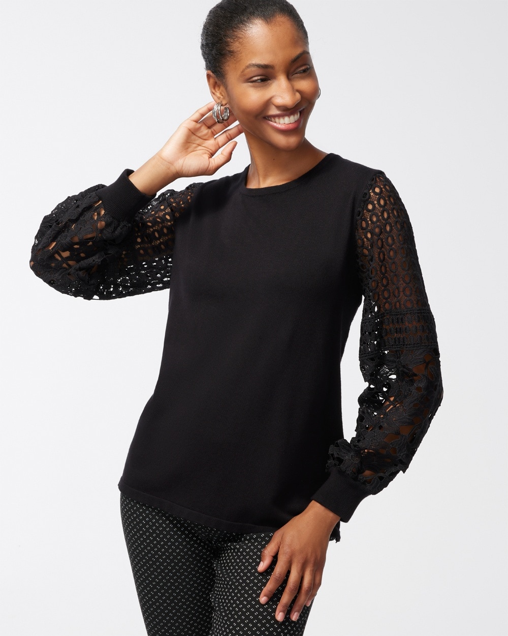 Chico's Best Sellers | Cutwork Sleeve Pullover Sweater Black