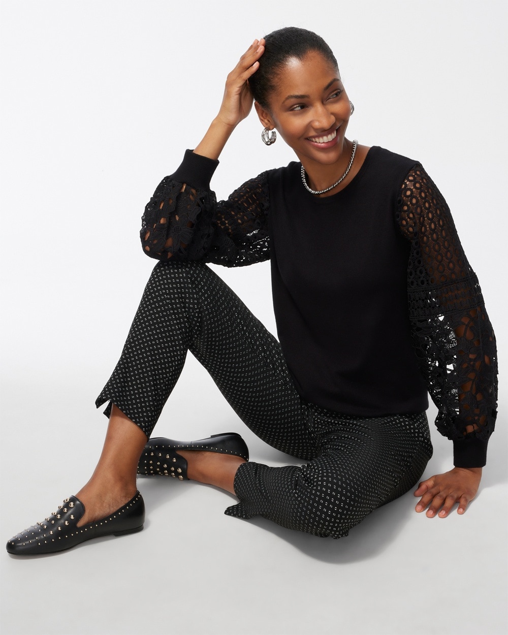 Chico's Best Sellers | Cutwork Sleeve Pullover Sweater Black