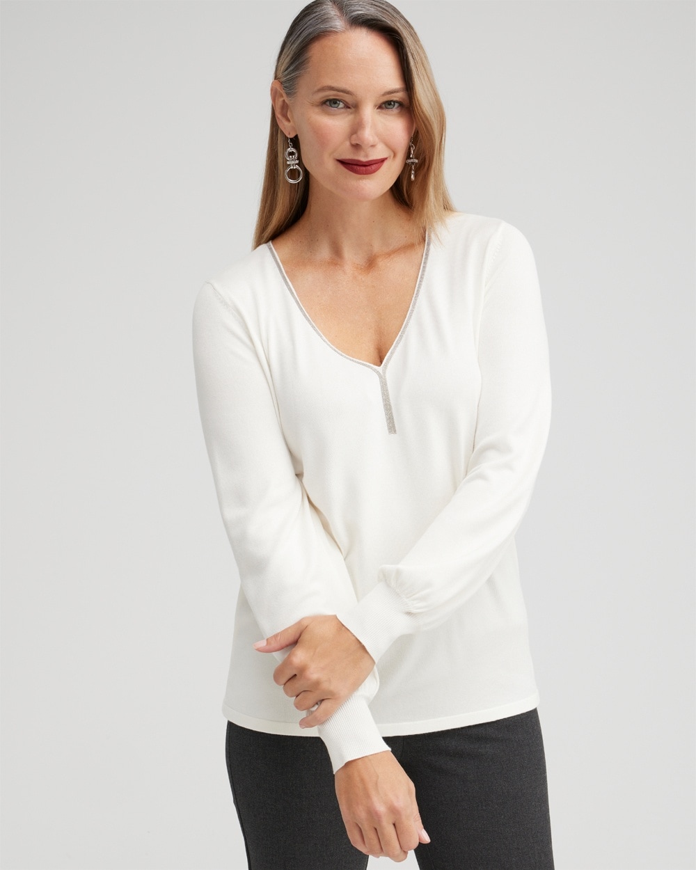 Chico's Sweaters | Caviar Trim V-Neck Pullover Sweater Ecru