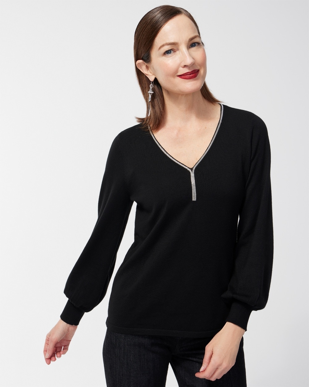 Chico's Sweaters | Caviar Trim V-Neck Pullover Sweater Ecru