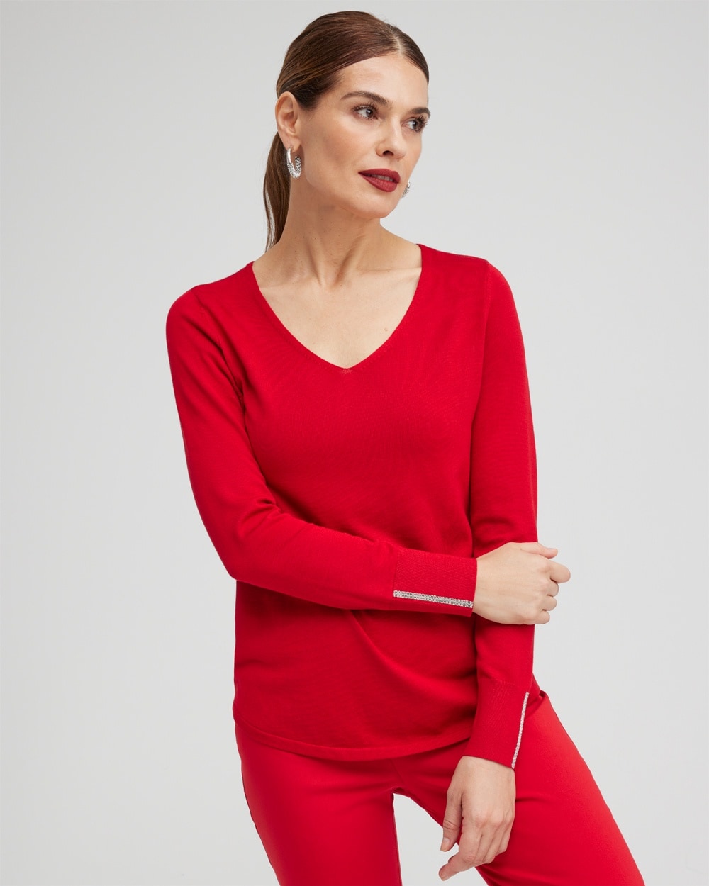 Chico's Sweaters | Caviar Trim V-Neck Pullover Sweater Wild Poppy