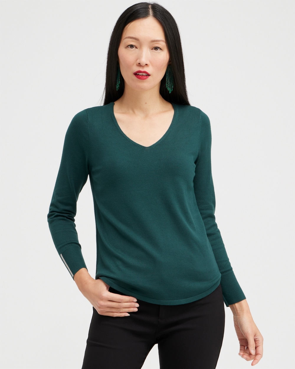 Chico's Sweaters | Caviar Trim V-Neck Pullover Sweater Enchanted Forest