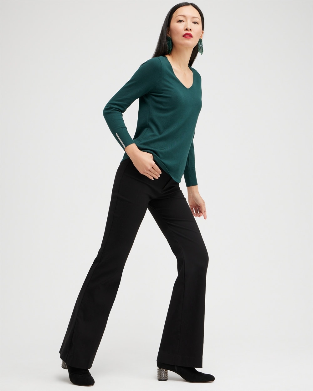 Chico's Sweaters | Caviar Trim V-Neck Pullover Sweater Enchanted Forest