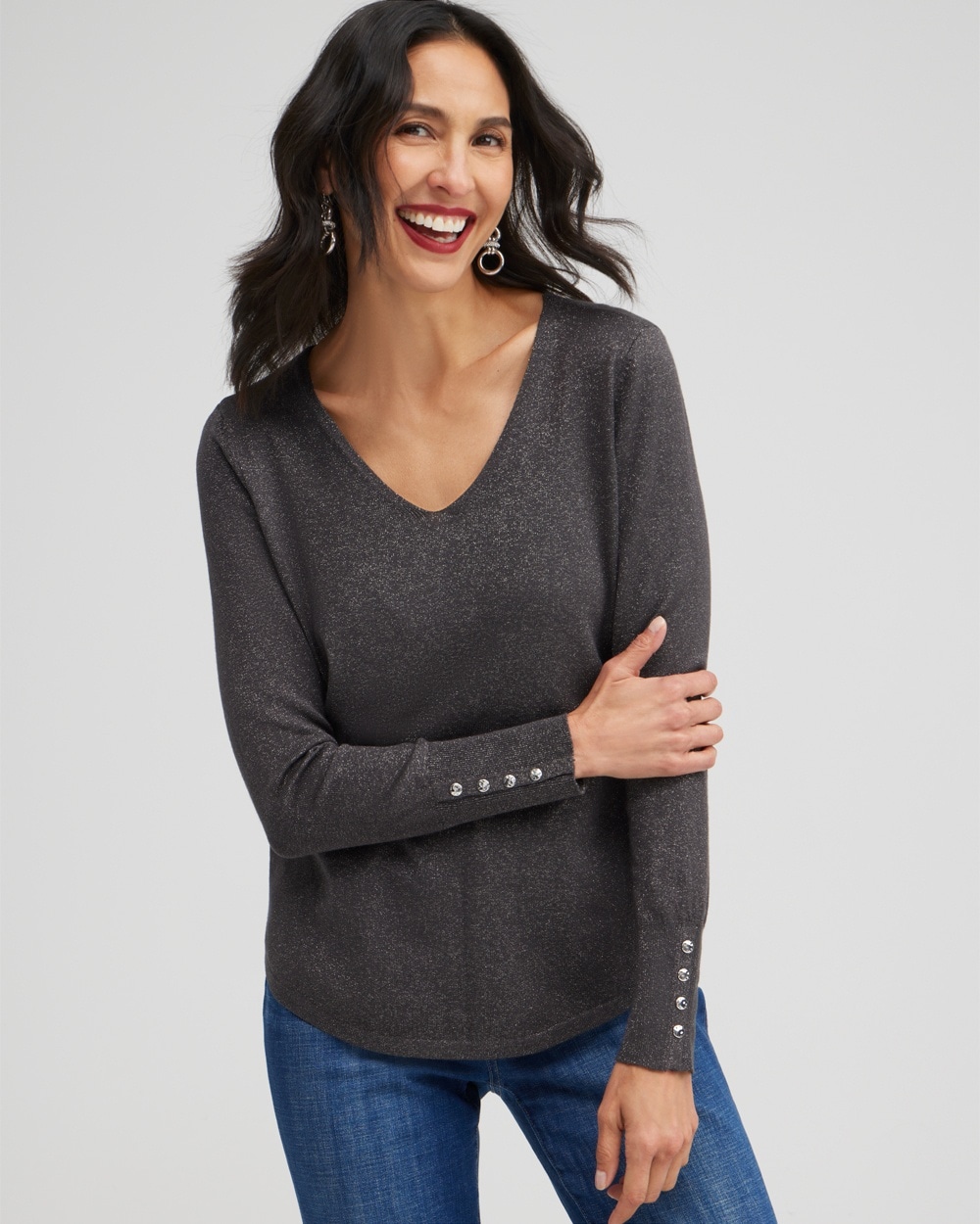 Chico's Sweaters | Spun Rayon Lurex V-neck Sweater Pewter