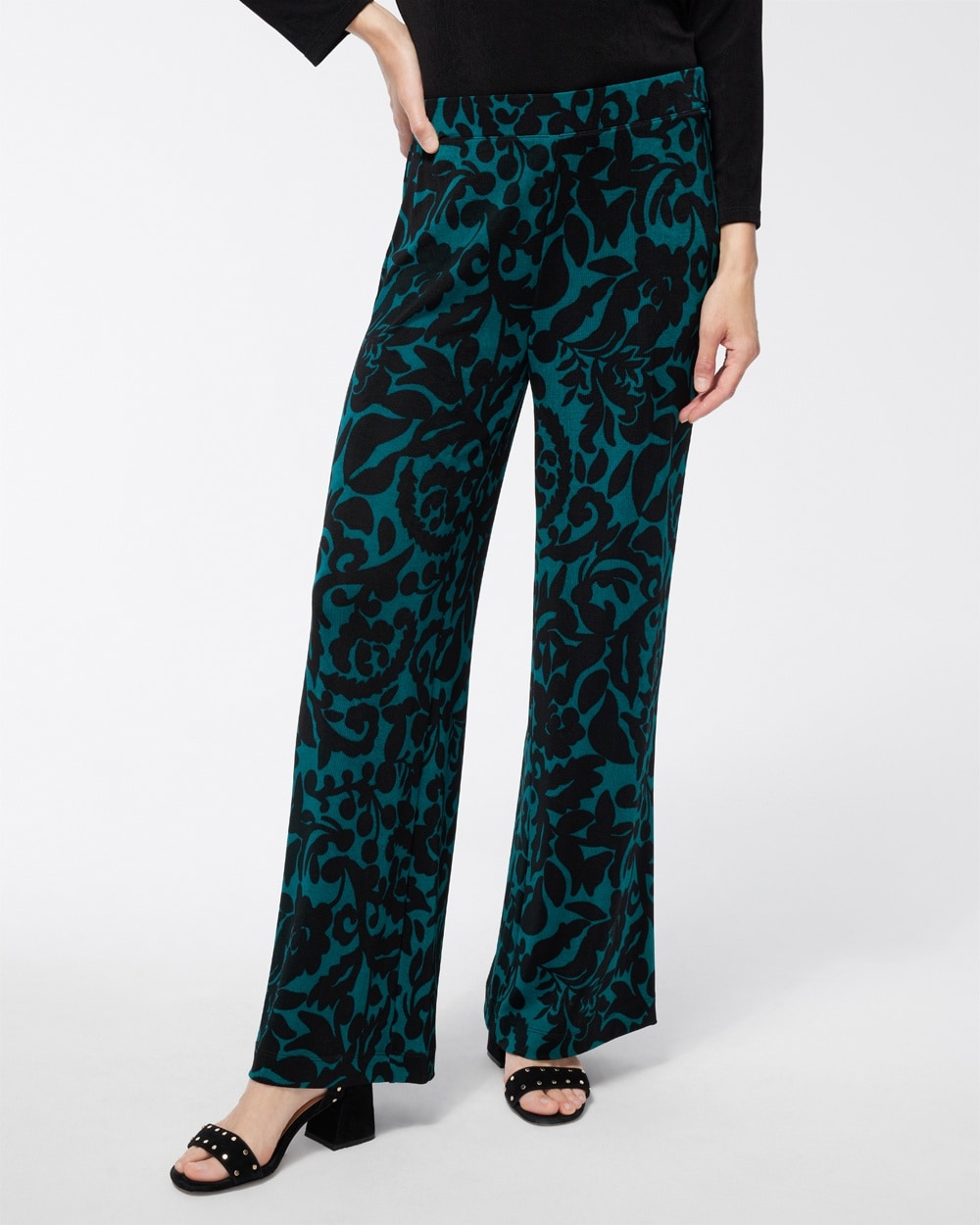 Chico's Pants | Travelers Foliage Wide Leg Ankle Pants Peacock Teal