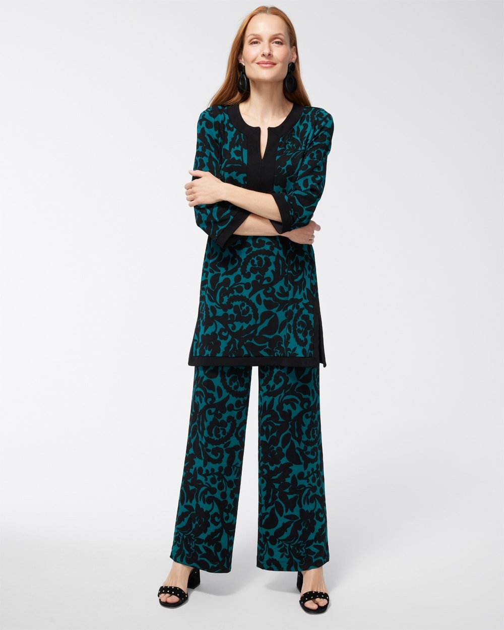 Chico's Pants | Travelers Foliage Wide Leg Ankle Pants Peacock Teal